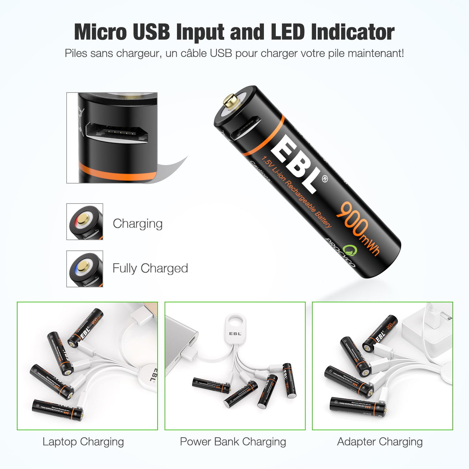 EBL 4 Pcs USB Rechargeable Lithium ion AAA Batteries - 1.5V Long Lasting Rechargeable Triple A Battery Quick Charge in 2H