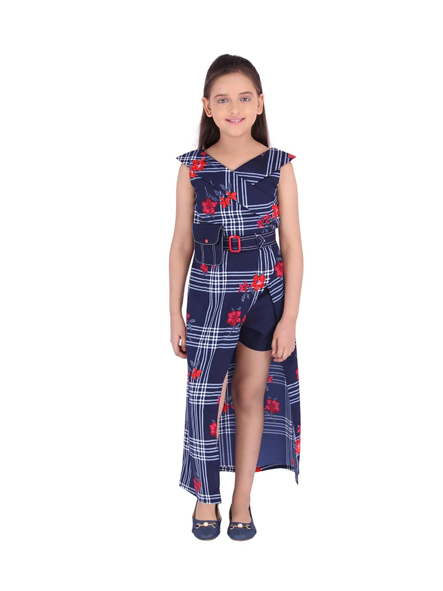 Cutecumber Kids Navy Printed Dress, Belt With Bag