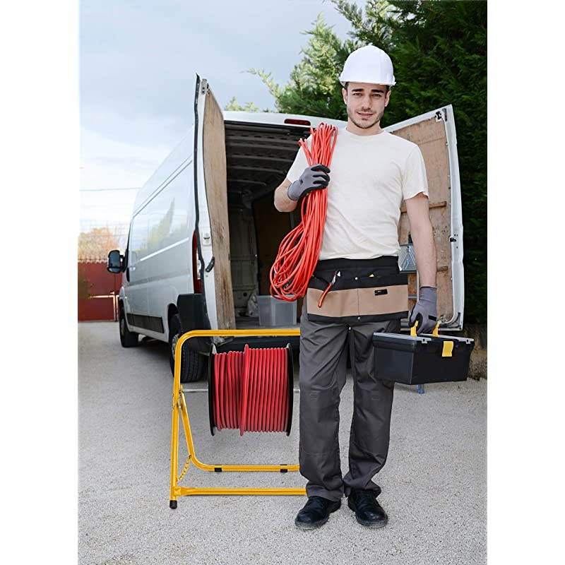 Durable Single Axle Cable Caddy Commercial Industrial Grade Steel Wire Dispenser Compact Design Holds Cable Reels Up to 20quot Diameter and 100 lb Capacity Yellow