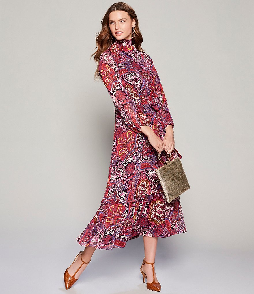 Tahari ASL Paisley Print Metallic Yoryu Long Sleeve Tie Waist Ruffle Hem Maxi Dress