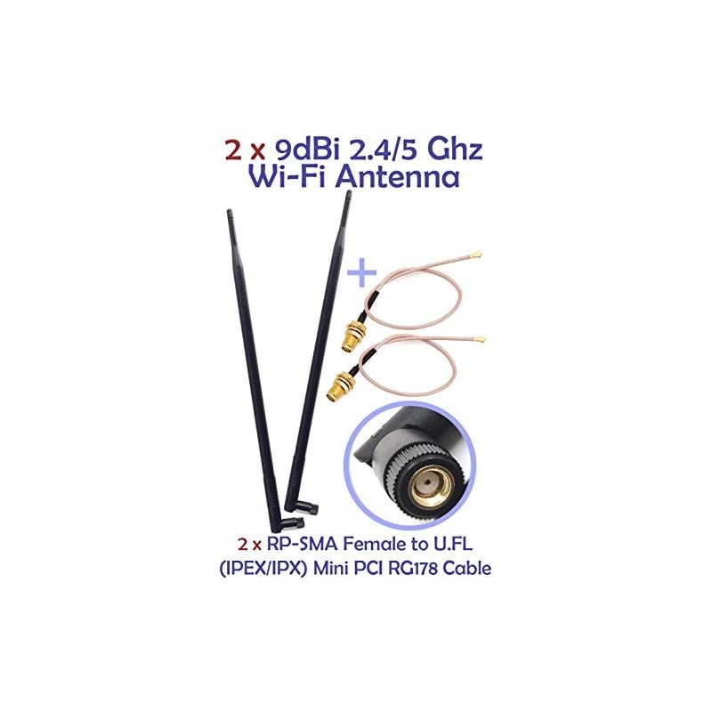 of 2 OmniDirectional WiFi Long Range Dual Band 9 Dbi Antenna 245Ghz 80211nbg and 2 RF UFL Mini PCI to RPSMA Female Pigtail Antenna WiFi Cable Kit for Routers mini PCIe Cards
