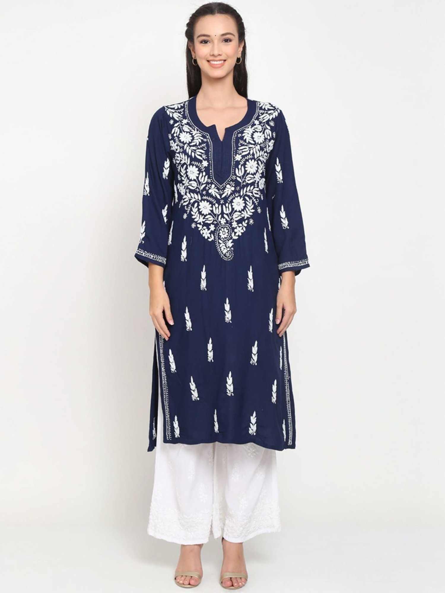 PARAMOUNT CHIKAN Navy Hand Embroidered Chikankari Straight Kurta
