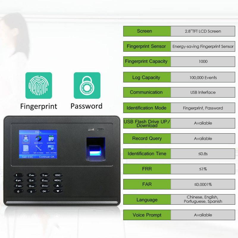 Biometric Fingerprint Attendance Machine 2.8" TFT LCD Display USB Fingerprint Attendance System Time Clock Employee Checking-in Recorder