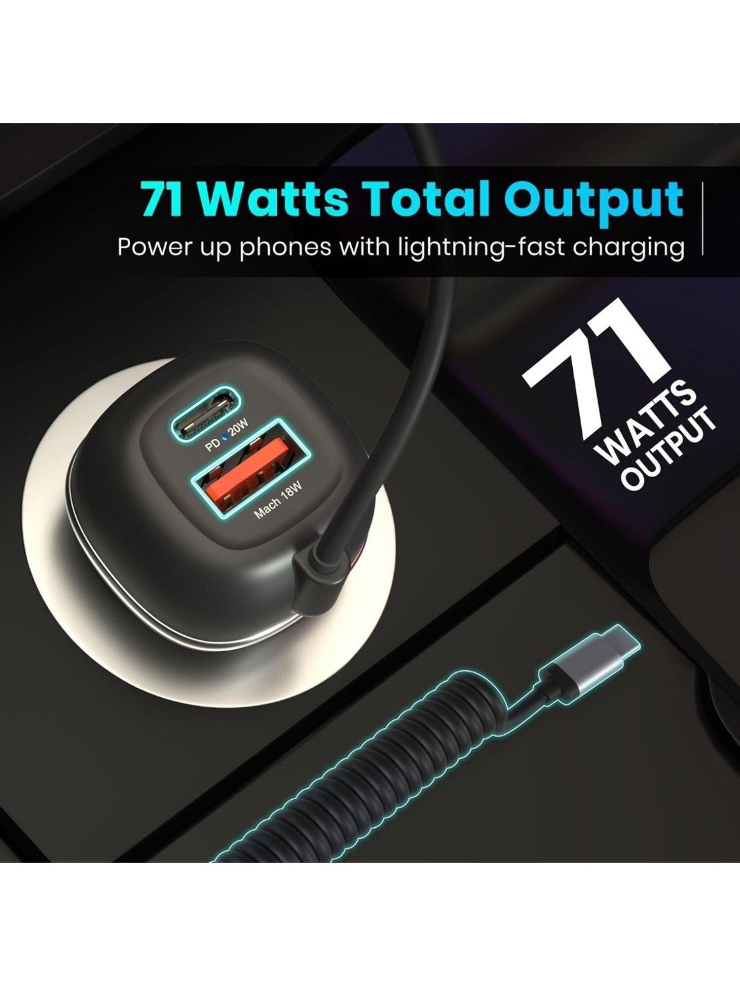 Portronics 71W Car Power 1C Triple Output Fast Car Charger with 33W Type C Cable (Black)