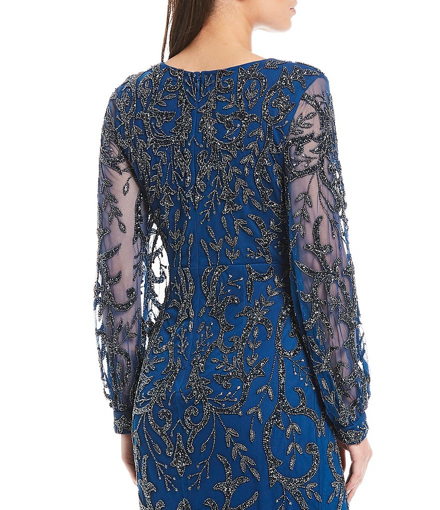 Aidan Mattox Plunge V-Neck Long Illusion Balloon Sleeve Beaded Mesh Side Slit Gown