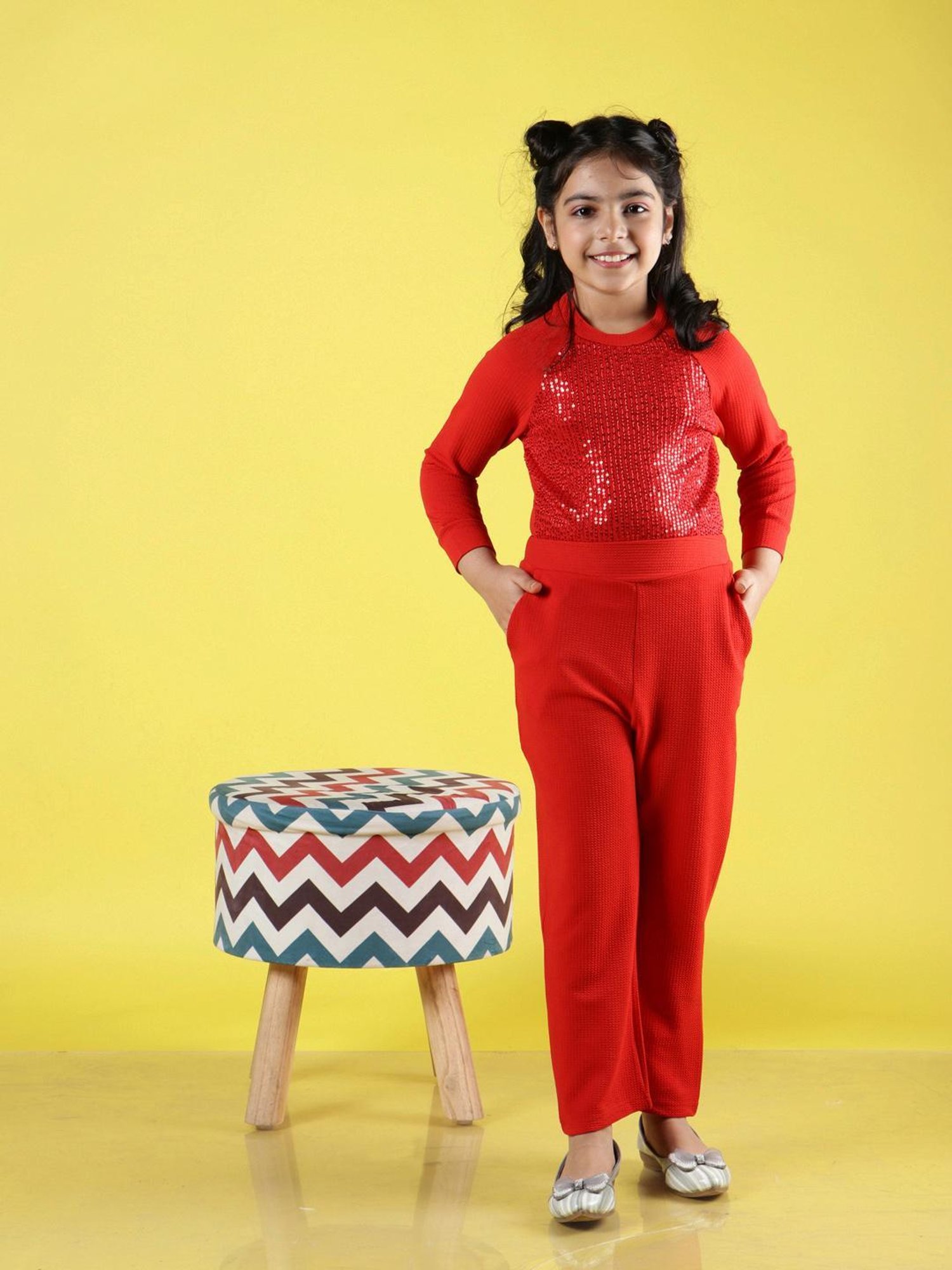 NEUDIS Kids Red Embellished Full Sleeves Top with Trousers