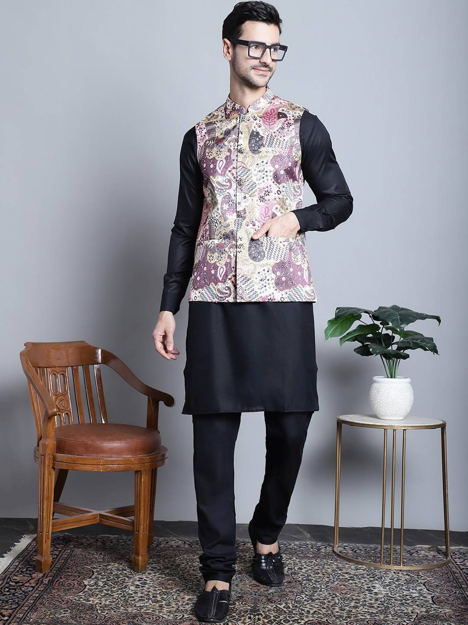 Jompers Purple  Regular Fit Printed Nehru Jacket