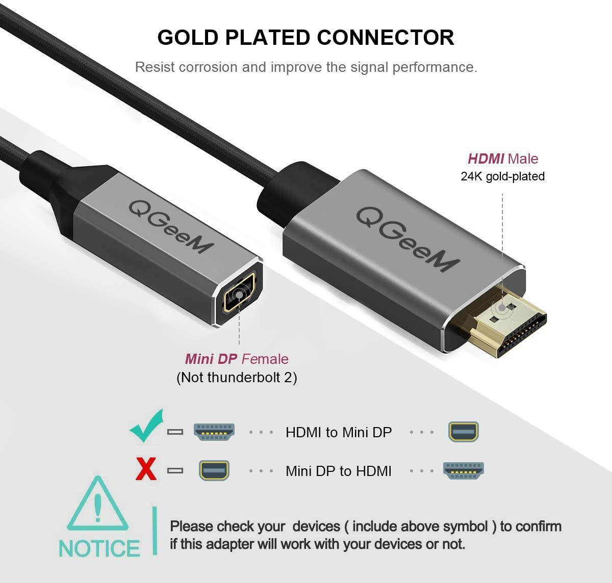 HDMI to Mini DisplayPort,QGeeM 4K x 2K HDMI Male to Mini DP Female Adapter Converter for HDMI Equipped Systems,Compatible with VESA Dual Mode DisplayPort 1.2,HDMI 1.4