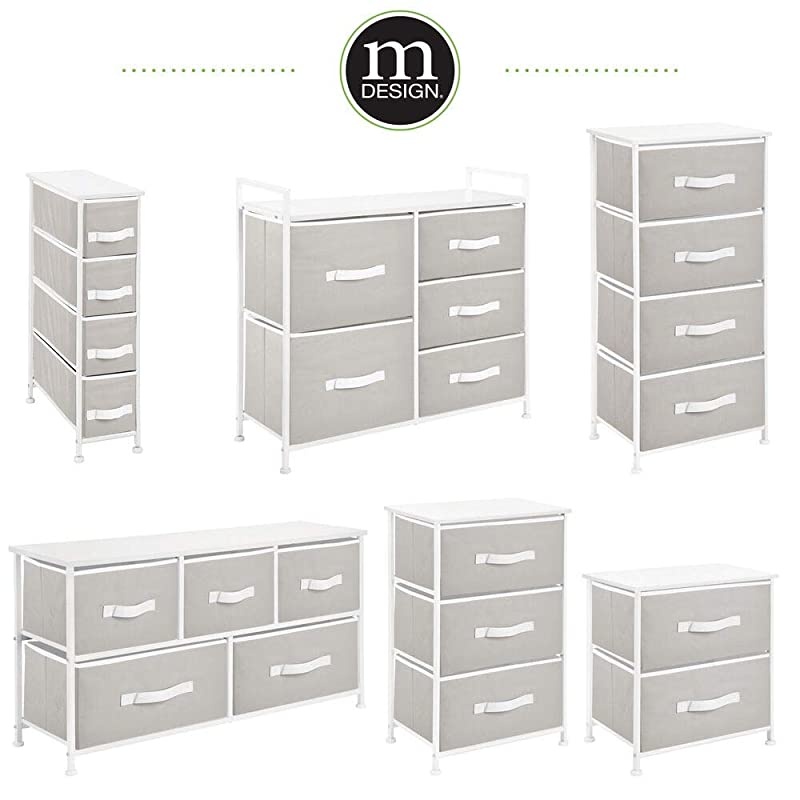 Narrow Vertical Dresser Storage Tower - Sturdy Metal Frame, Wood Top, Easy Pull Fabric Bins - Organizer Unit for Bedroom, Hallway, Entryway, Closet - 4 Drawers - Gray/White