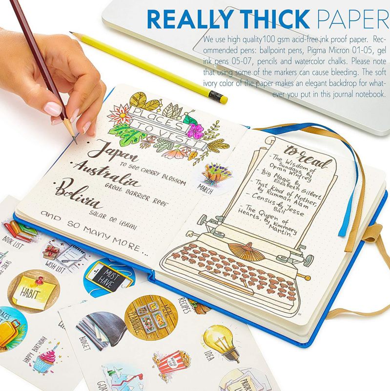 Bullet Journal Dot Grid Notebook - Dotted Notebook/Journal Hardcover with Thick Paper - Leather Pocket Bullet Planner (7-5,5) / Small Diary with Numbered Pages & Pen Loop + Stickers