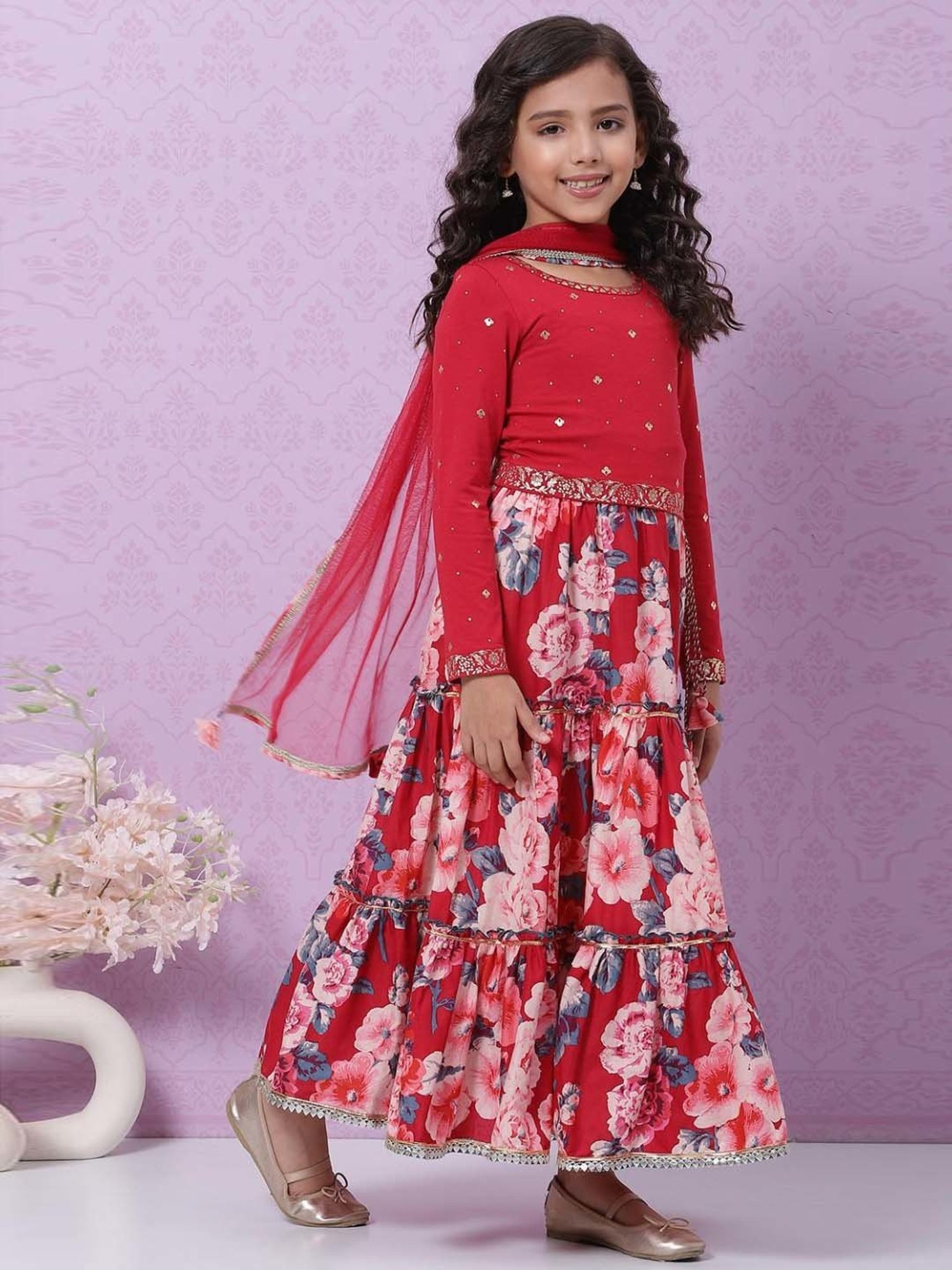 Biba Kids Red Printed Full Sleeves Lehenga Cholis