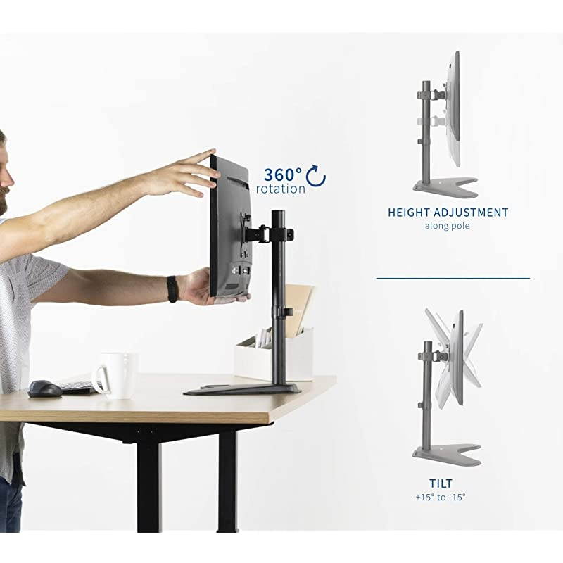 Single Monitor Stand Freestanding VESA Steel Mount Base Riser fits 13 to 32 inch Screens Adjustable Height Tilt Swivel Rotation STANDV001H