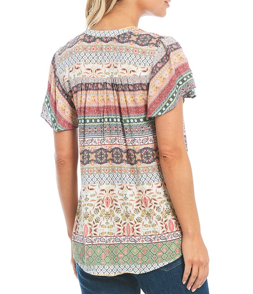 One World Apparel Multi Color Print Tassel Tie Notch Neck Flutter Sleeve Top