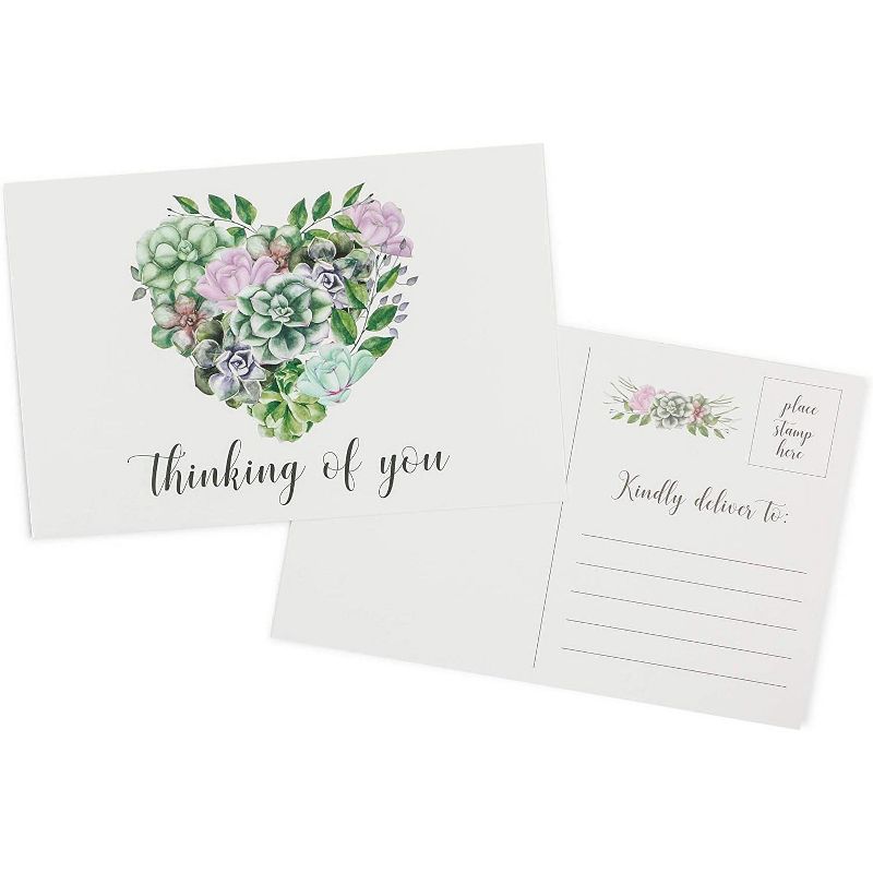 Pipilo Press 48-Pack Blank Thinking Of You Postcards, Heart and Succulents Design (6 x 4 In)