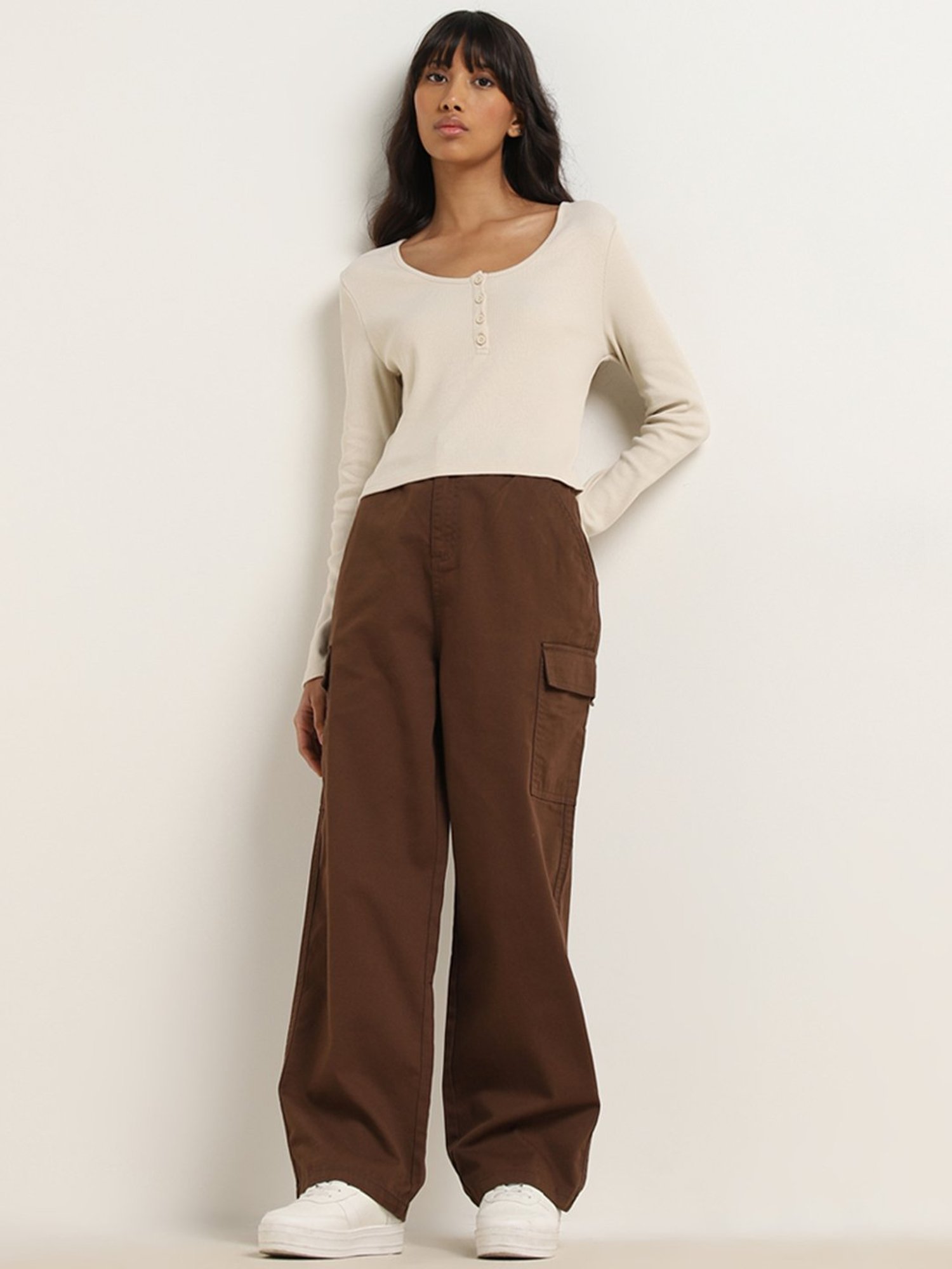 Nuon by Westside Beige Ribbed-Textured Cotton Blend Top