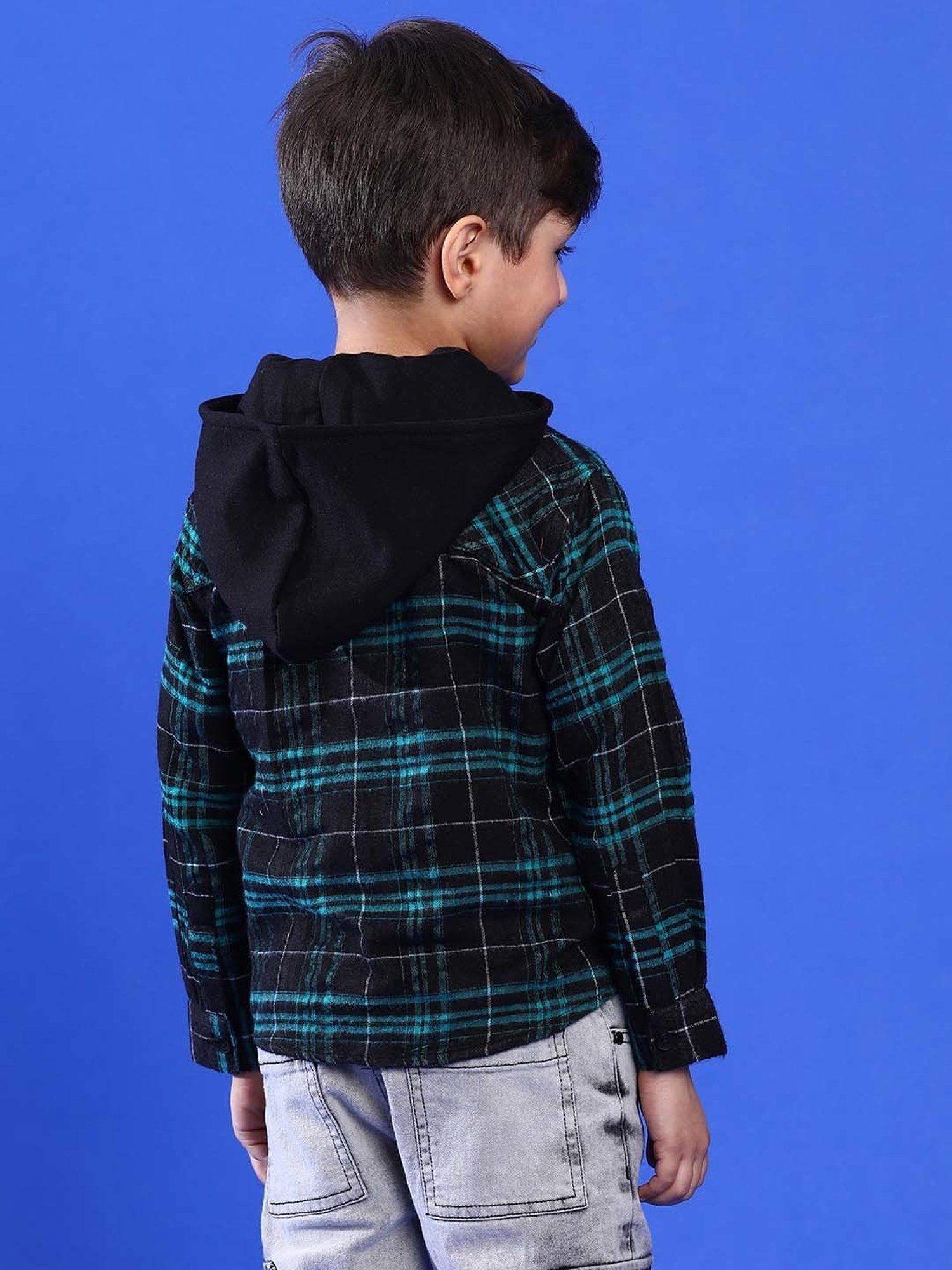 Tales & Stories Kids Grey & Green Chequered Full Sleeves Shirt