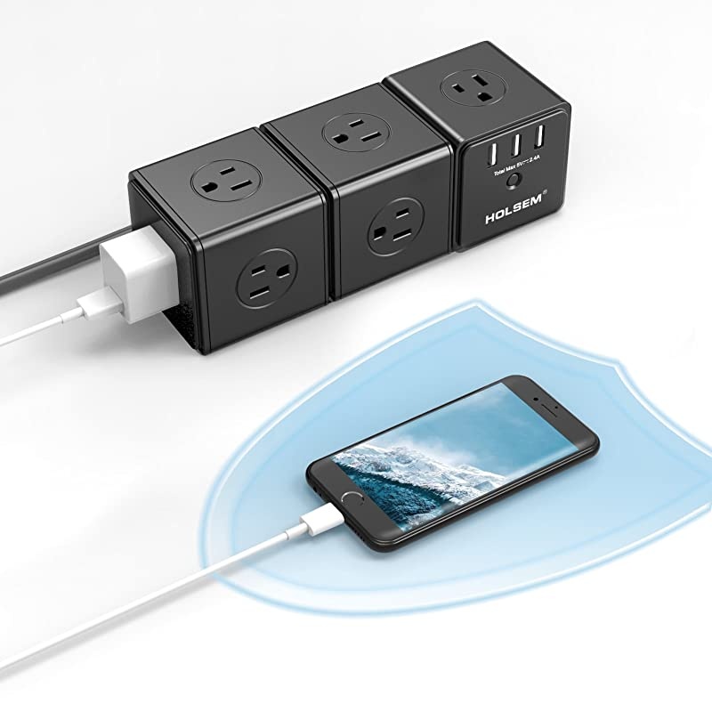 Power Cube Surge Protector 14 AC outlets 3 Smart USB Ports 5V24A and 6 Heavy Duty Extension Cord Black 3 Pack