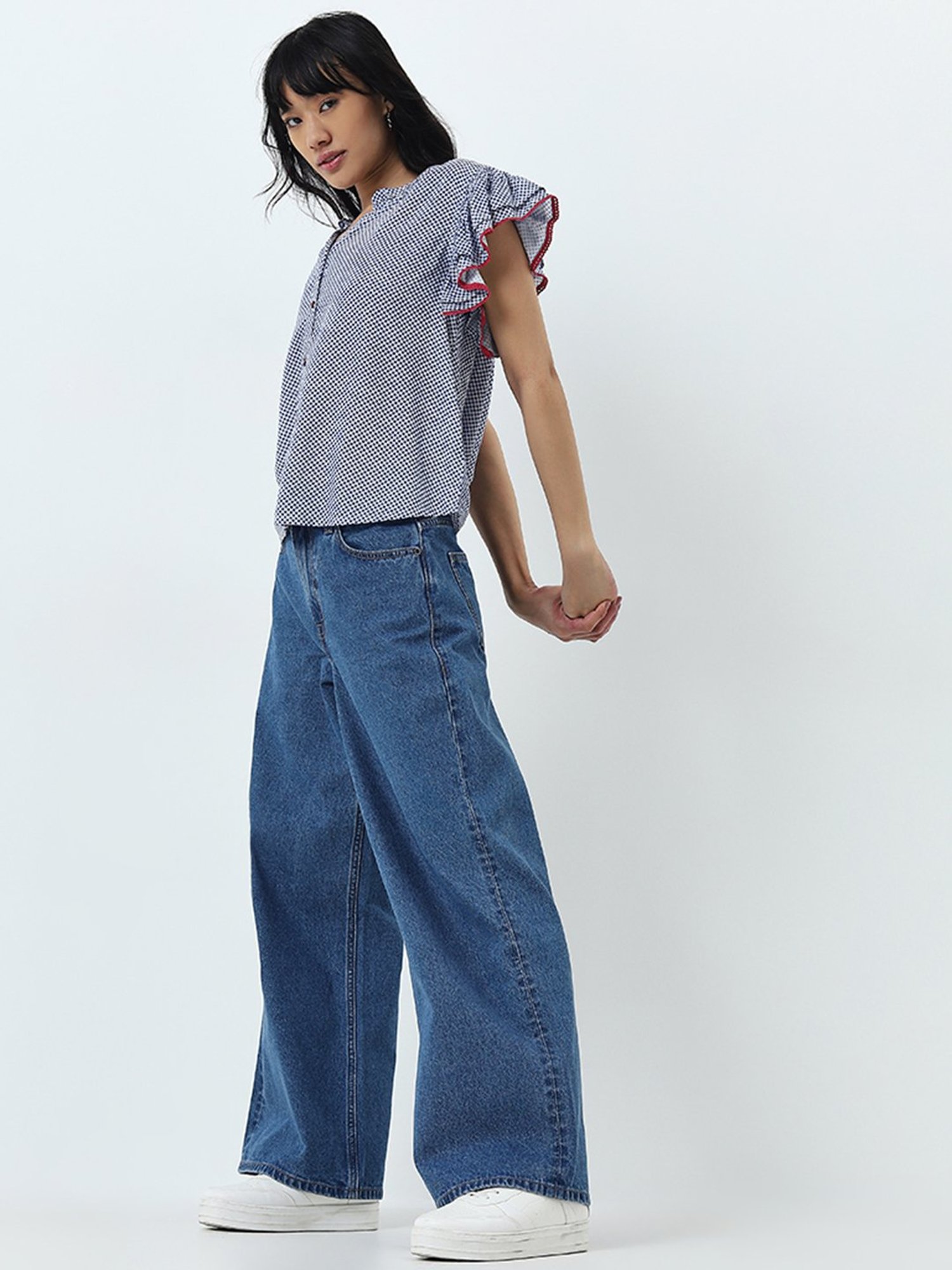 Bombay Paisley by Westside Blue Checkered Cotton Top