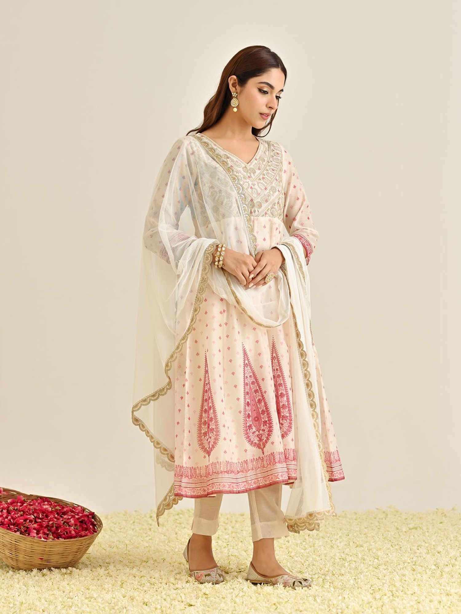 Rustorange Off-White Embroidered Kurta With Pant & Dupatta