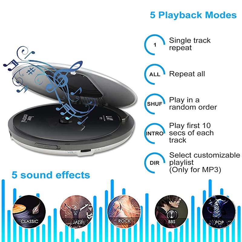 CD511 Portable CD Player Personal Compact CD Player with Headphones AntiSkipShockproof for Home Travel and Car Small Music CD Walkman Discman with LCD Display for Adults Students KidsSilver