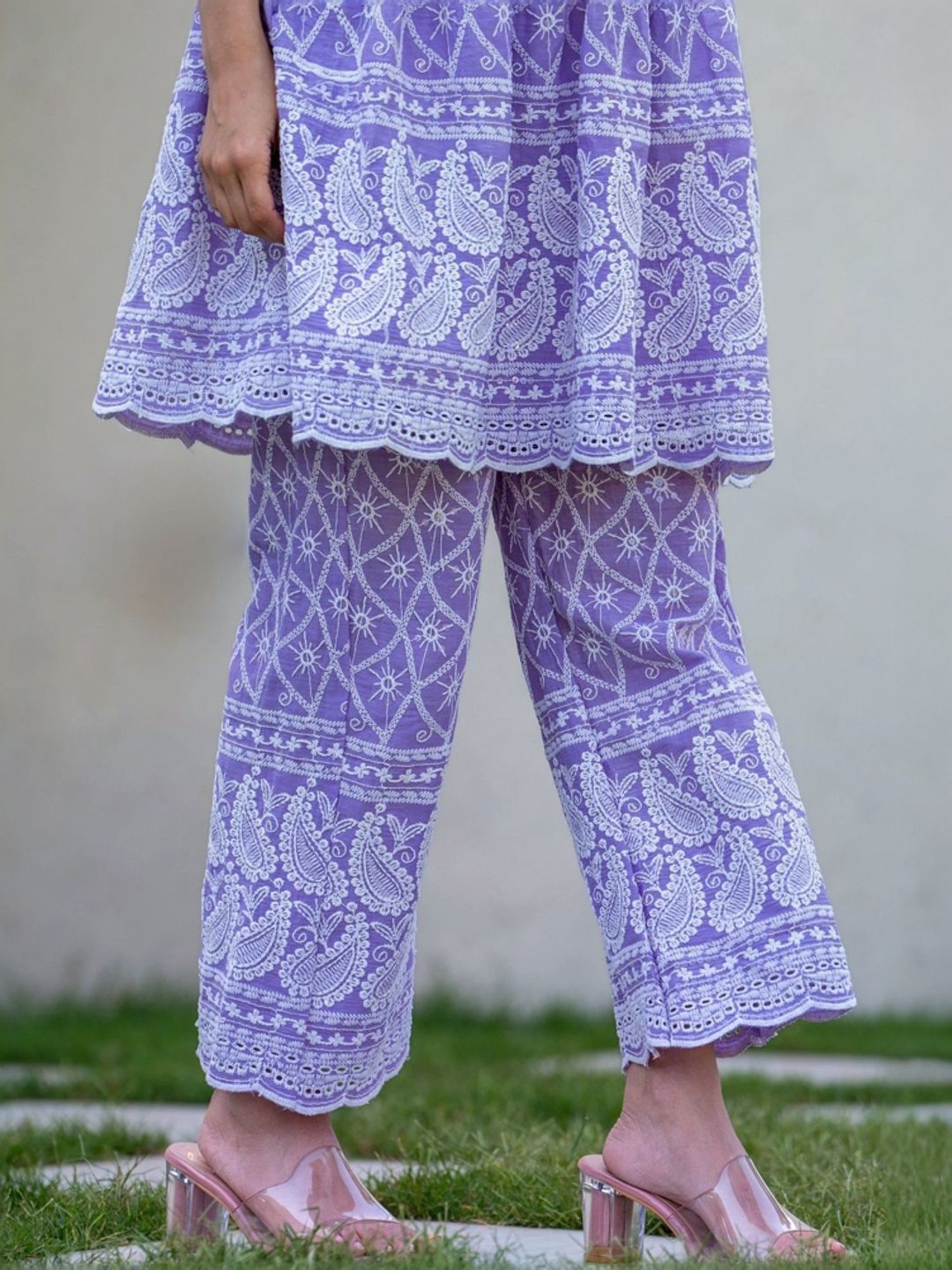 HOUSE OF JAMOTI Purple Cotton Embroidered Tunic Pant Set