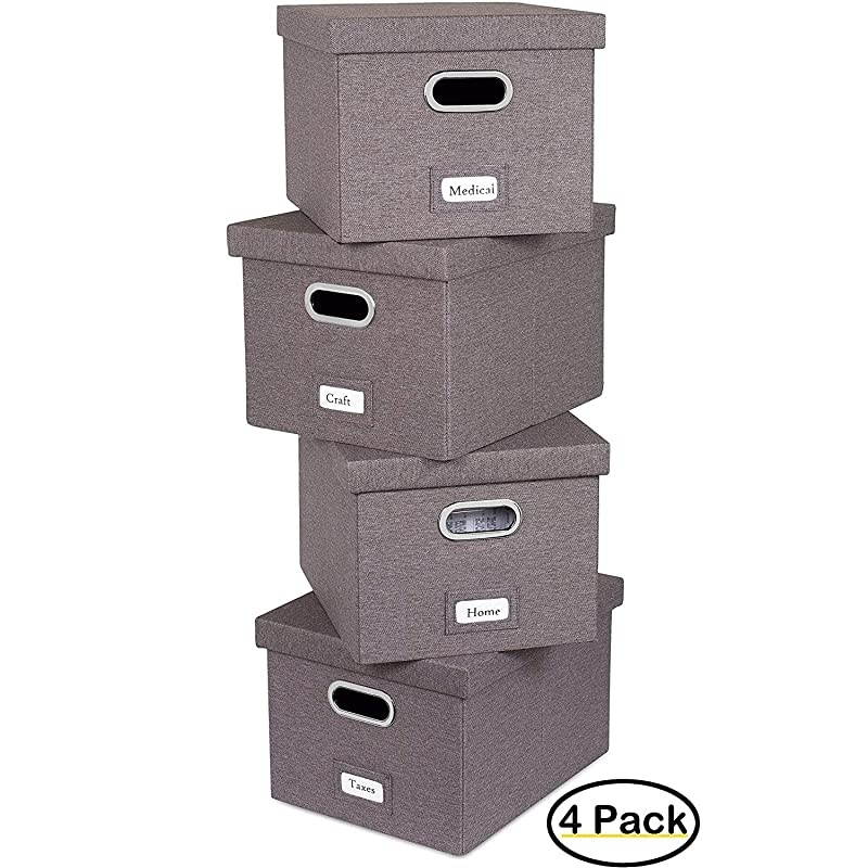 Collapsible File Storage Organizer with Lid Decorative Linen Filing amp Storage Office Box Hanging LetterLegal Folder Home Office Bins Cabinet Grey Container 4 Pack