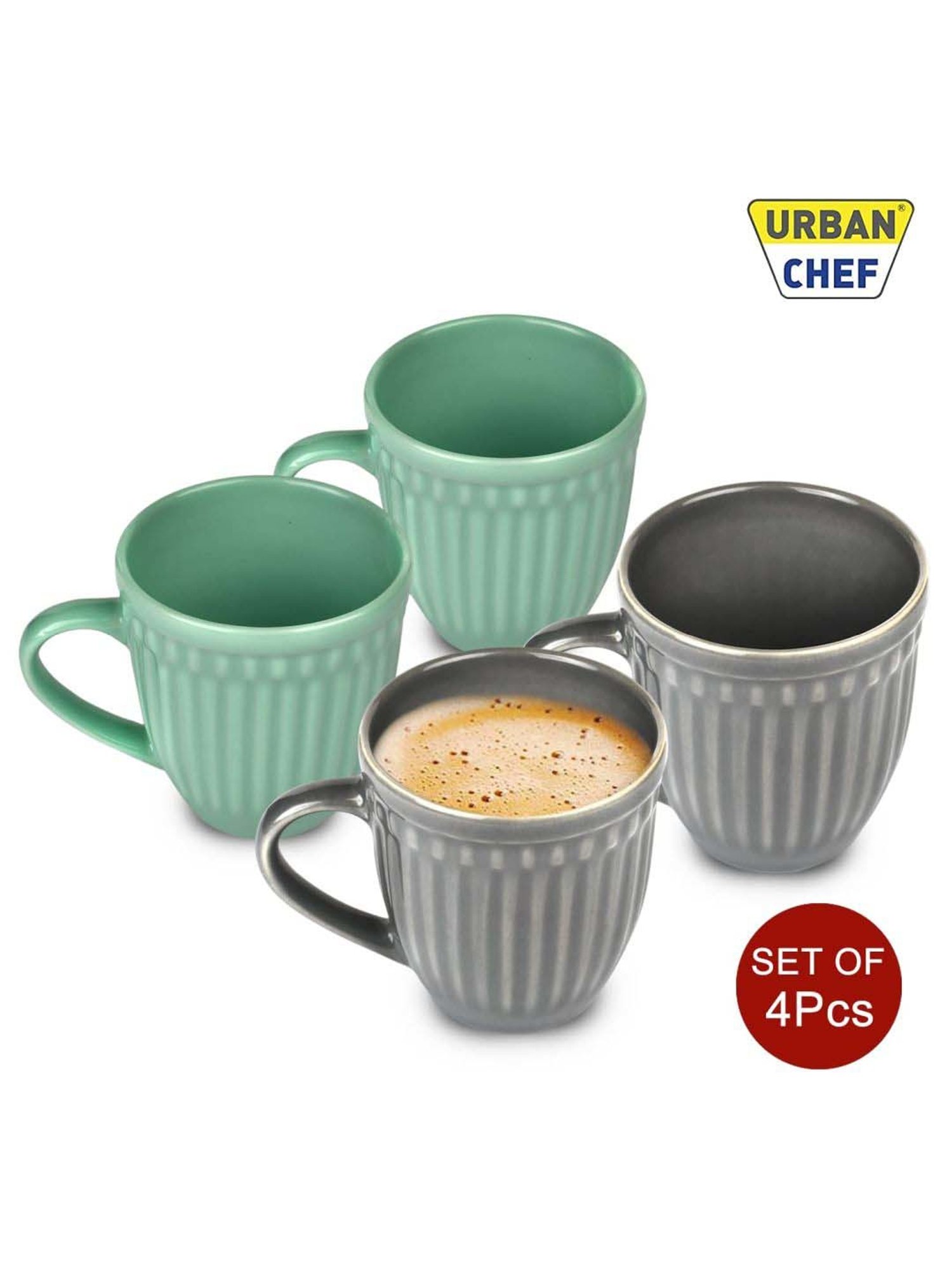 Urban Chef Grey & Green Ceramic Handcrafted Microwave Safe Tea Cup - Set of 4