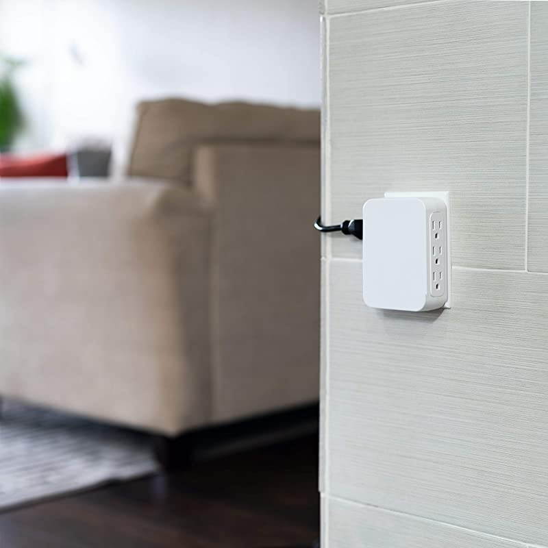 Pro 6 Outlet Wall Tap Sur Protector Side Access Power Outlet Adapter 3 Prong Wall Mount Plug In Outlet Extender 1200 Joules Warranty UL Listed White 10353