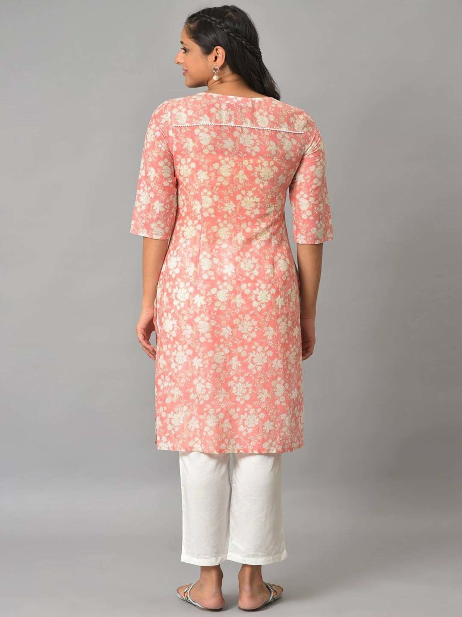 Aurelia Peach & White Cotton Printed Kurta Pant Set