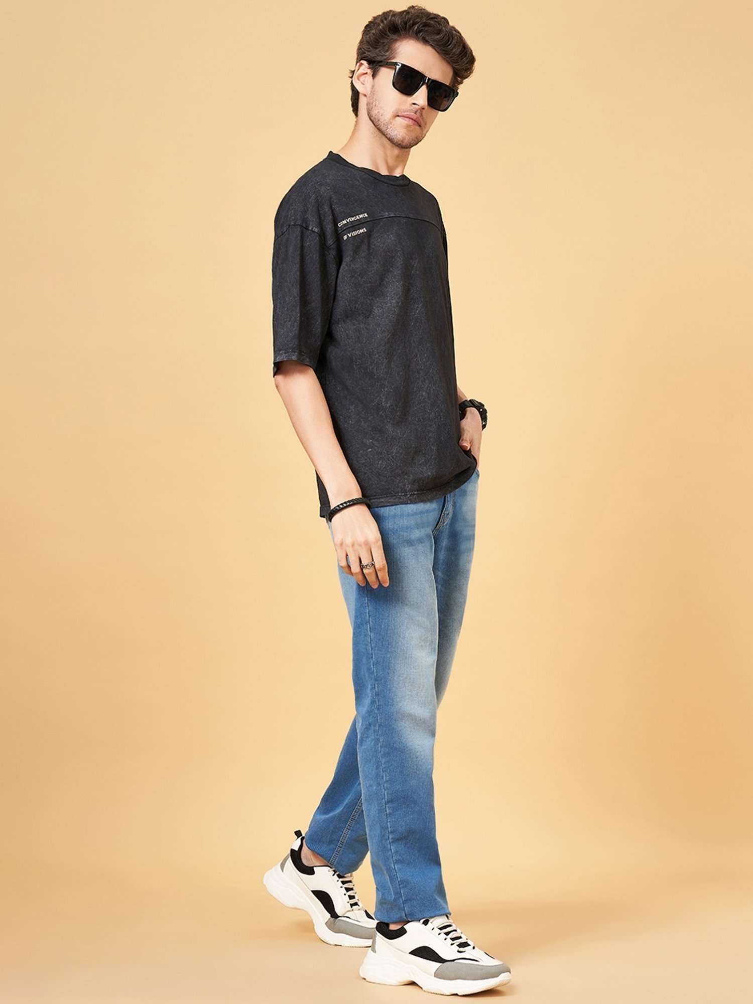 Sf Jeans By Pantaloons Jet Black Loose Fit Printed T-Shirt