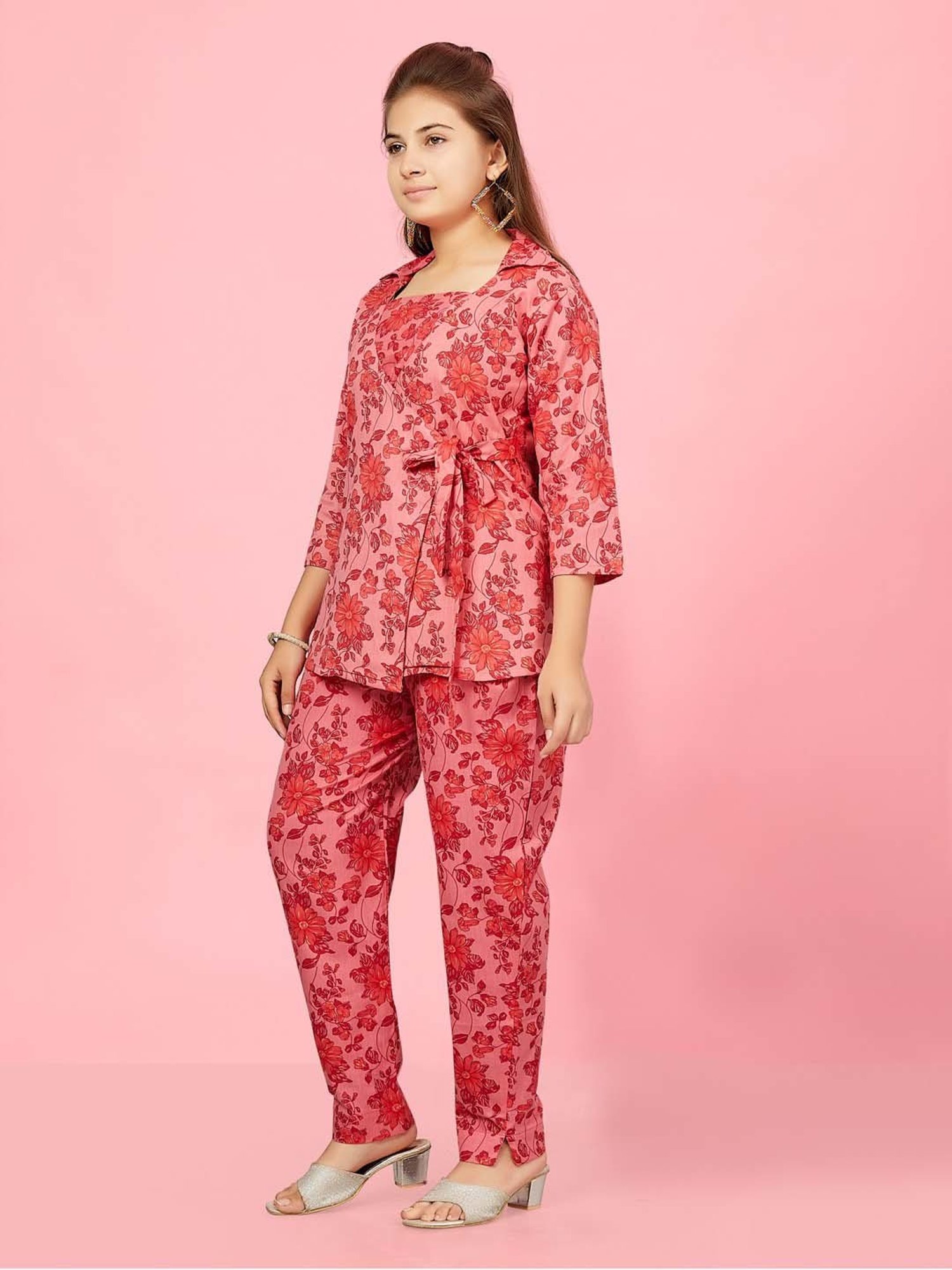 Aarika Kids Red Cotton Floral Print Top Set