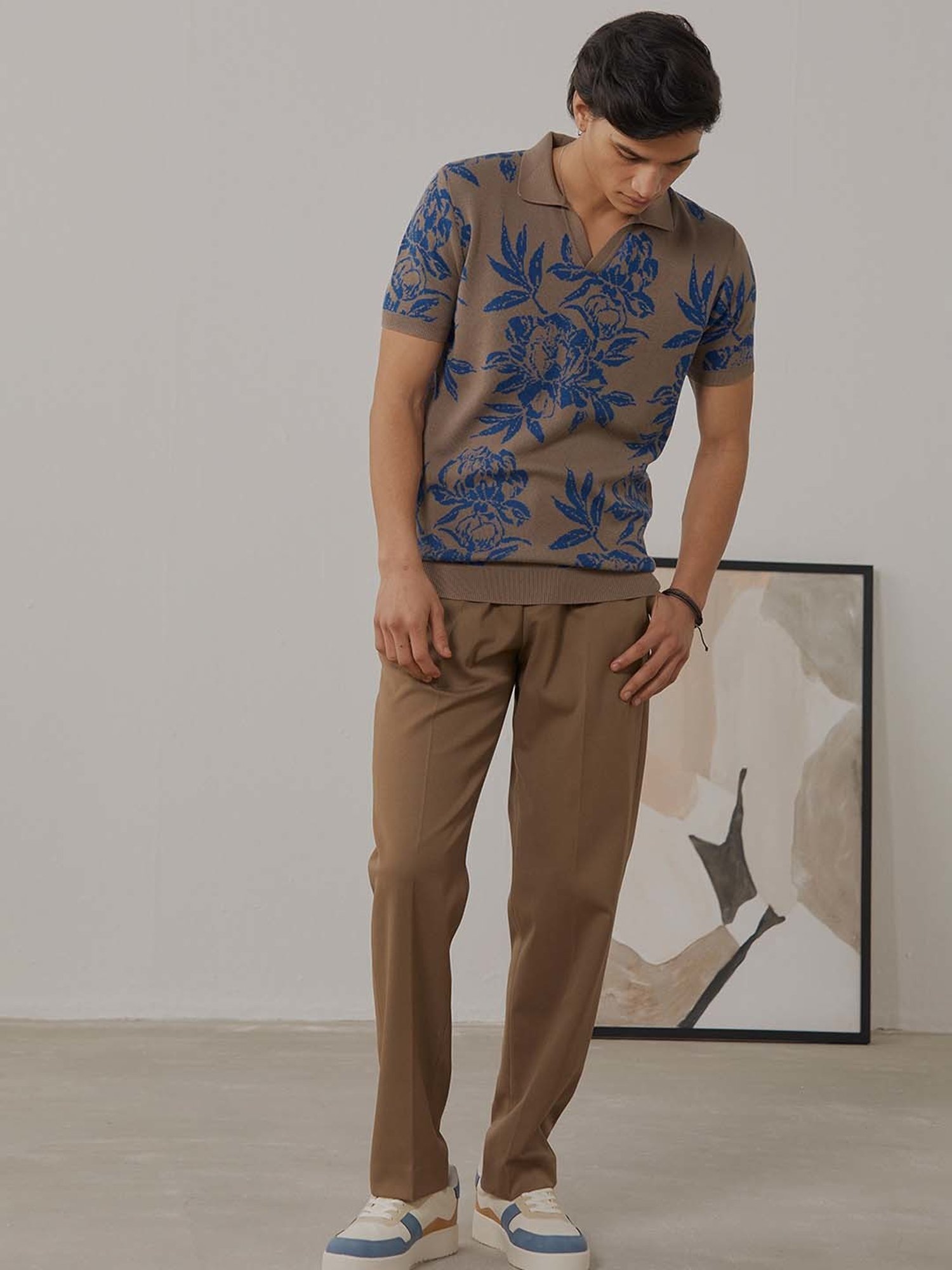 ANDAMEN Brown Regular Fit Printed Cotton Polo T-Shirt