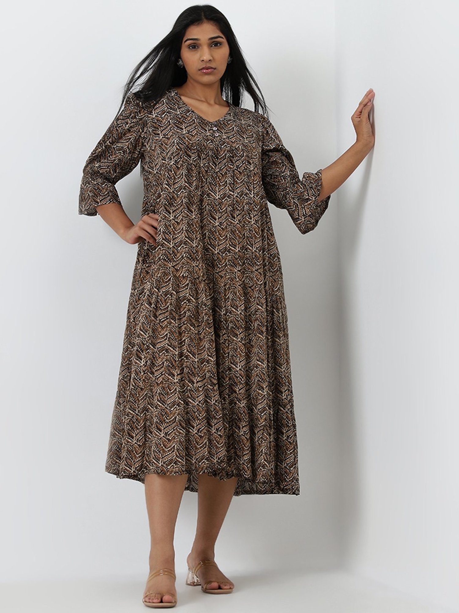 Diza by Westside Brown Leaf Printed Fit-and-Flare Tiered Dress