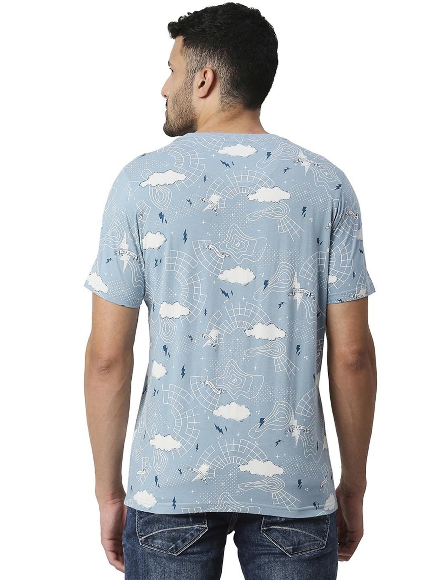 Basics Mid Blue  Slim Fit Printed T-Shirt