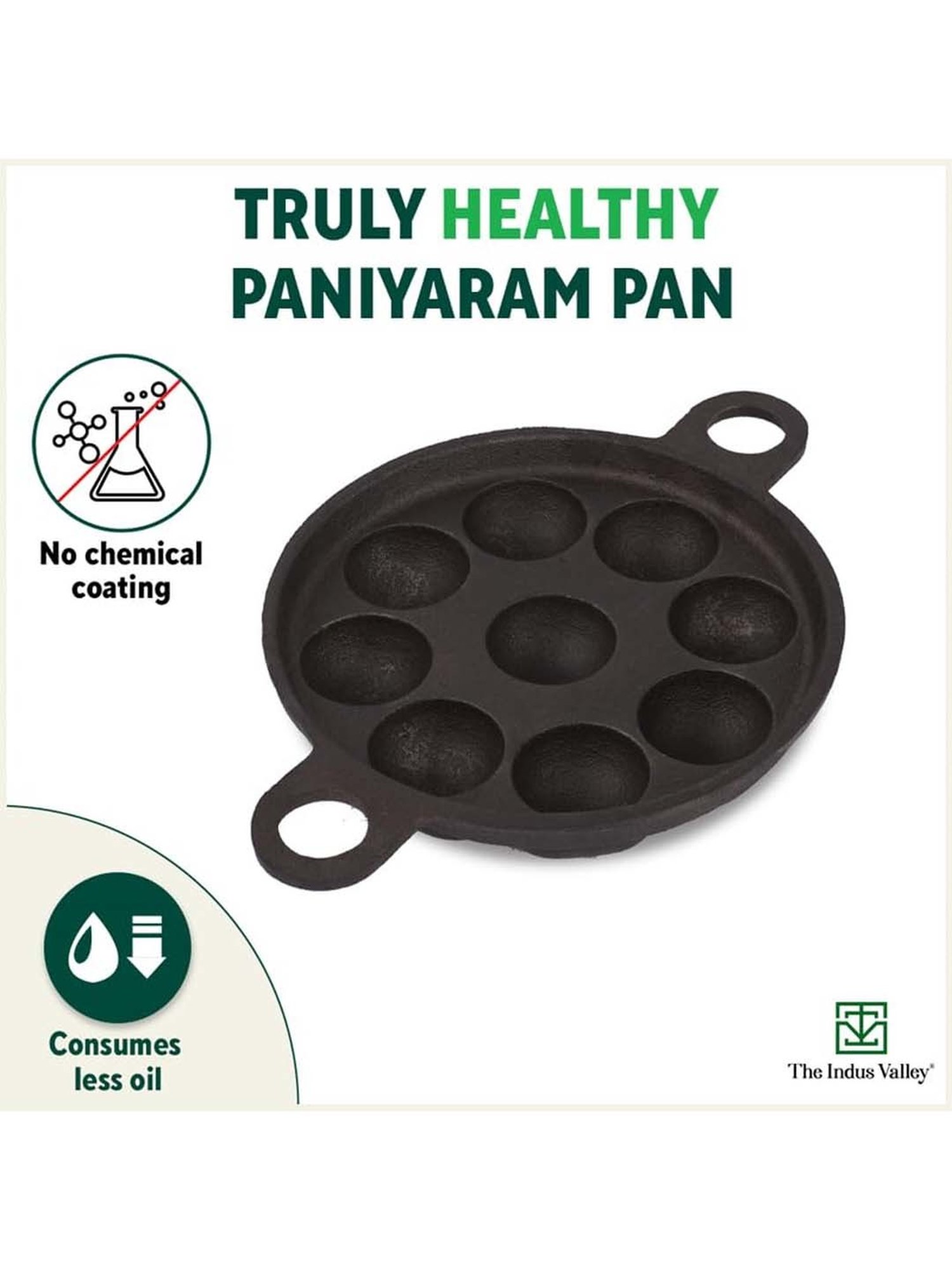 The Indus Valley Black Cast Iron 20.8cm 9-Pit Paniyaram Pan with Free Wooden Picker