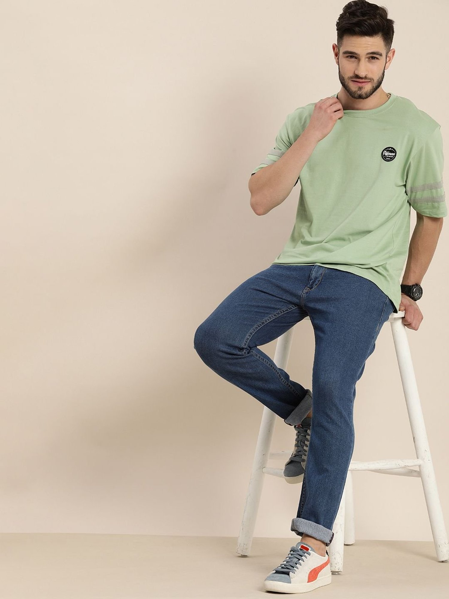 Difference Of Opinion Green Cotton Loose Fit Striped T-Shirt