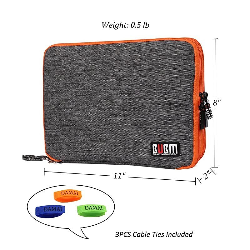 Travel Cable Organizer, Universal Electronic Accessories Bag Gear Storage for Cord, USB Flash Drive, Earphone and More, Perfect Size for iPad (Large, Grey and Orange)