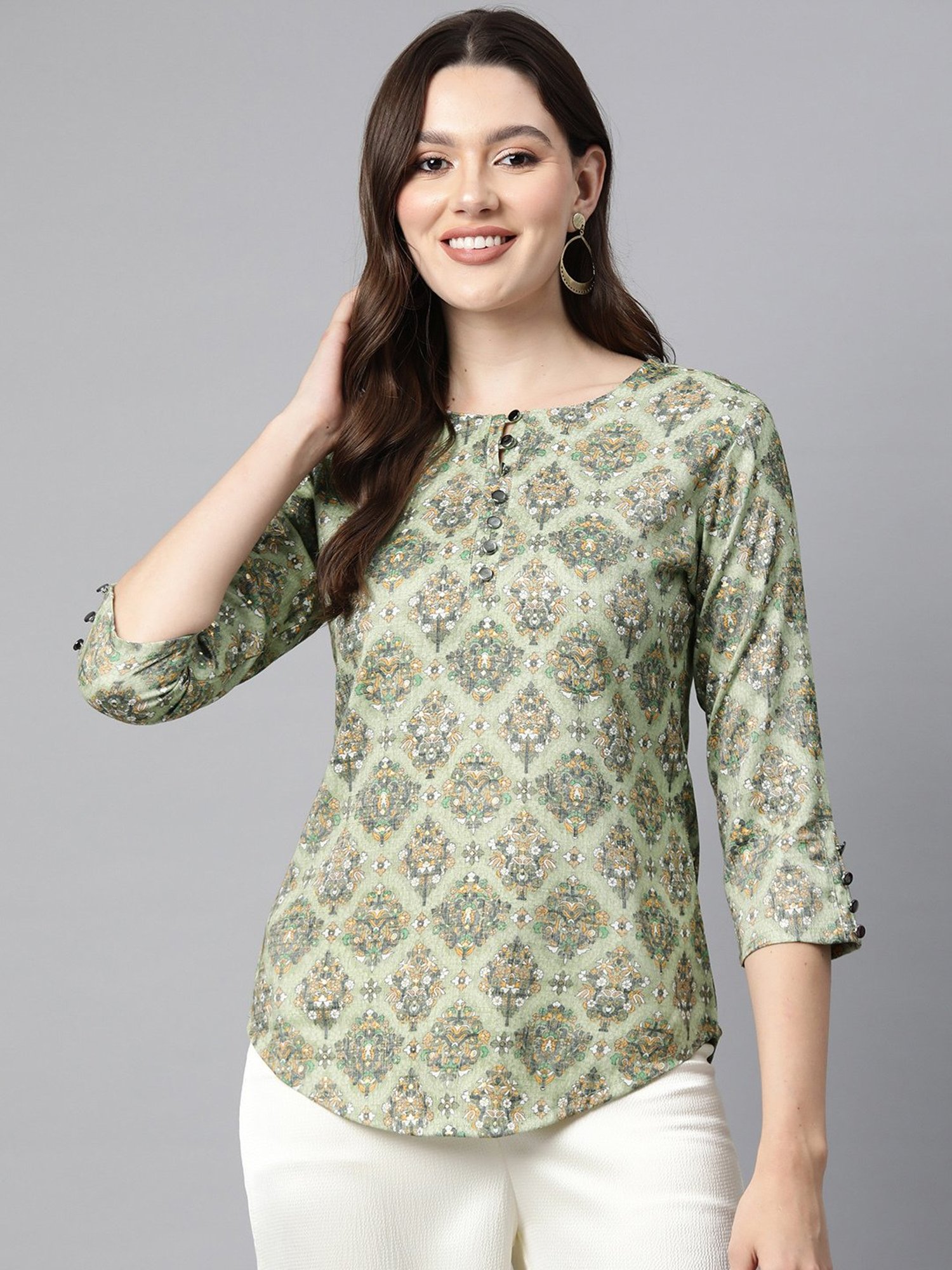 Cottinfab Green Floral Print Top