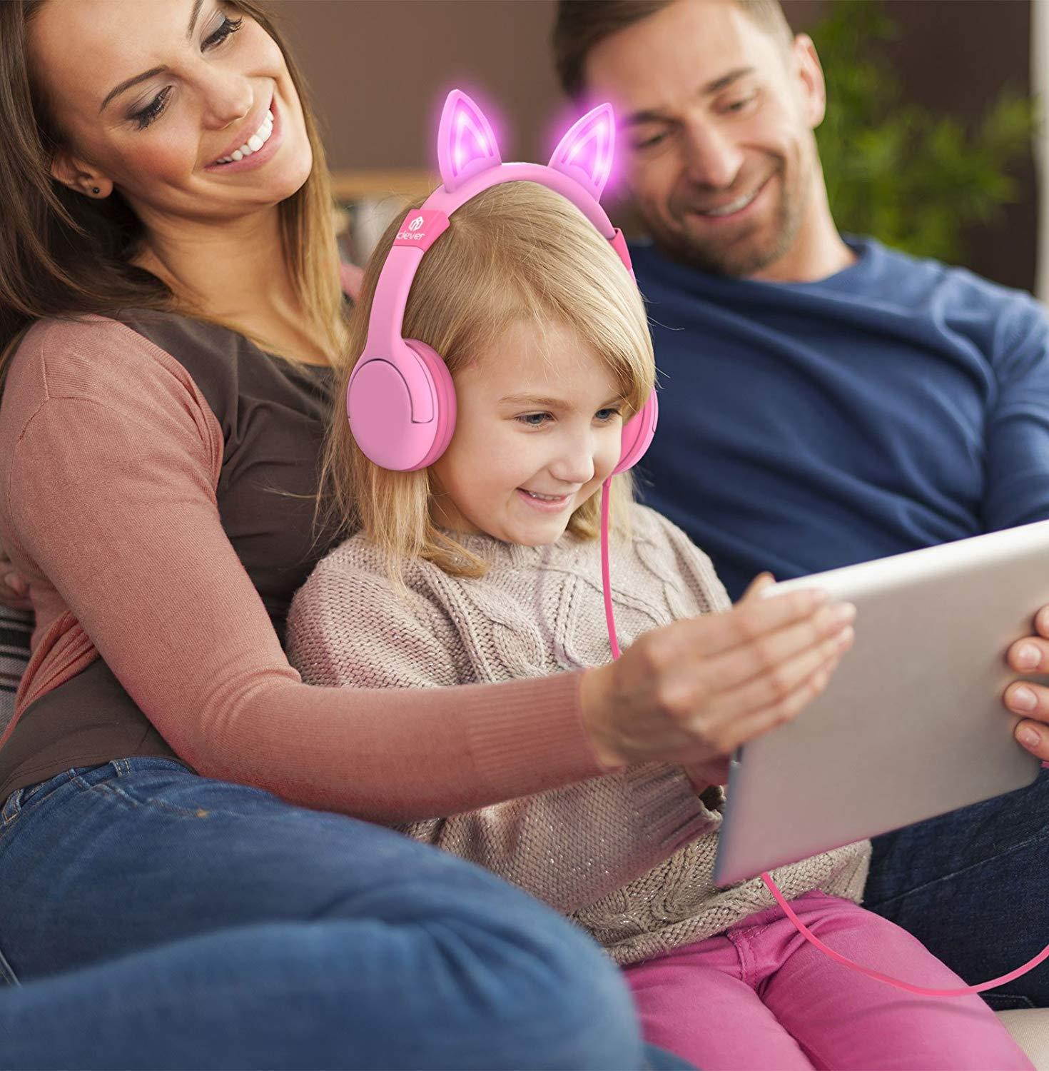 iClever Kids Headphones Over Ear, LED Backlight, Safe Wired Kids Headsets 85dB Volume Limited, Food Grade Silicone, 3.5mm Aux Jack, Cat-Inspired Headphones for Kids, Pink