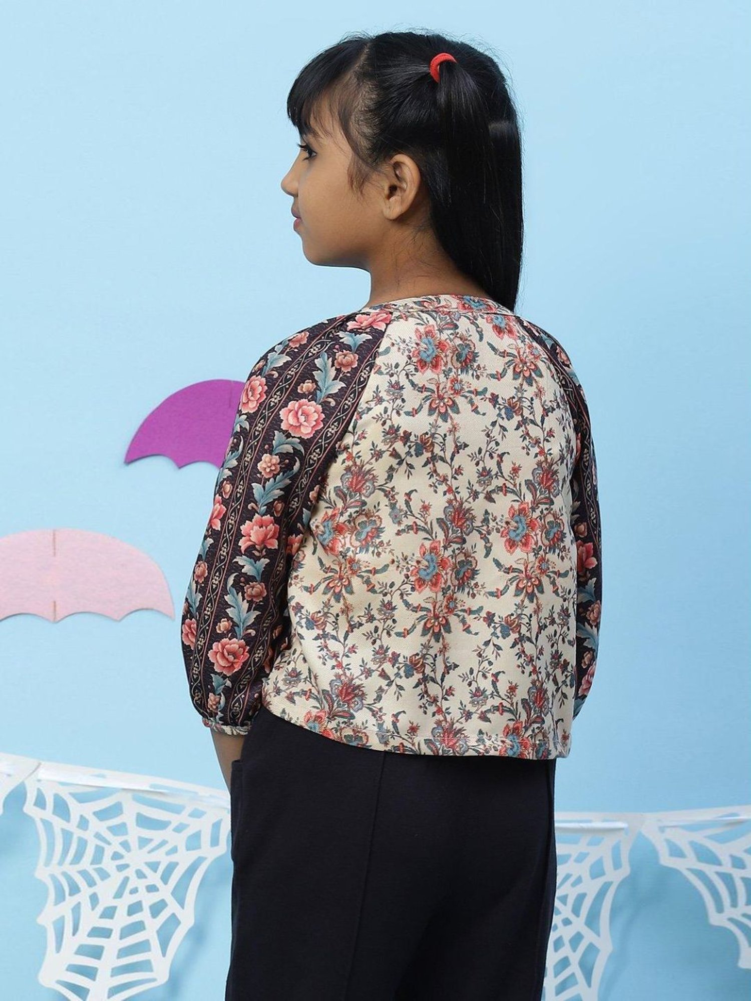 BIBA Girls Ecru Cotton Floral Print Top