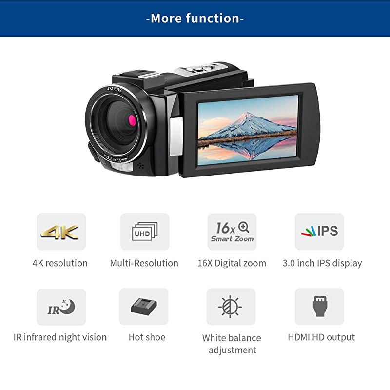 4K Video Camera Camcorder  HDR-AE8 UHD 1080P 60FPS Digital WiFi Camera Camcorders IR Night Vision 3.0'' IPS Touchscreen Vlogging Camera with 32GB SD Card and 2 Batteries