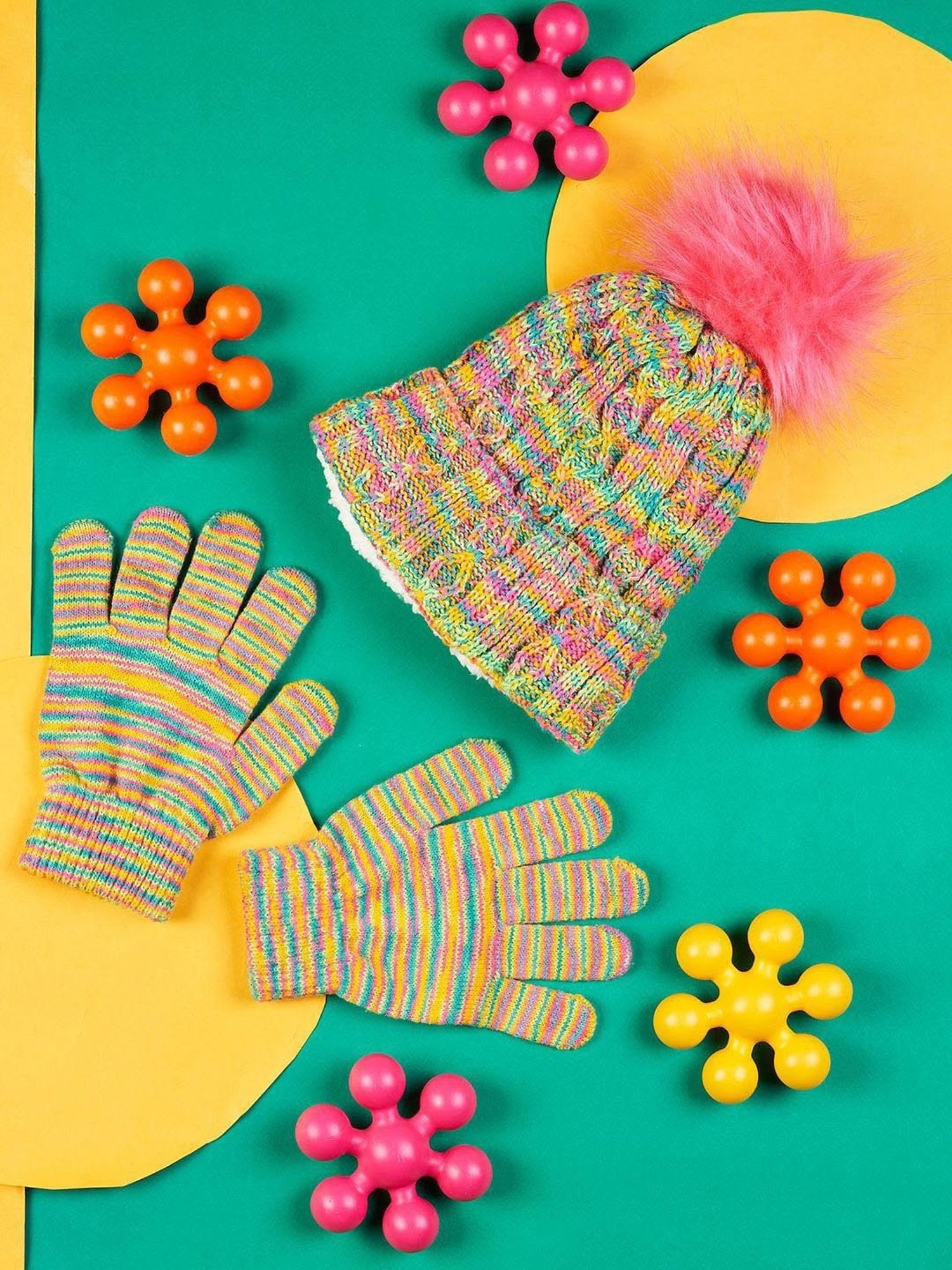 Pantaloons Junior Multicoloured Woven Bobble Hat & Gloves Set