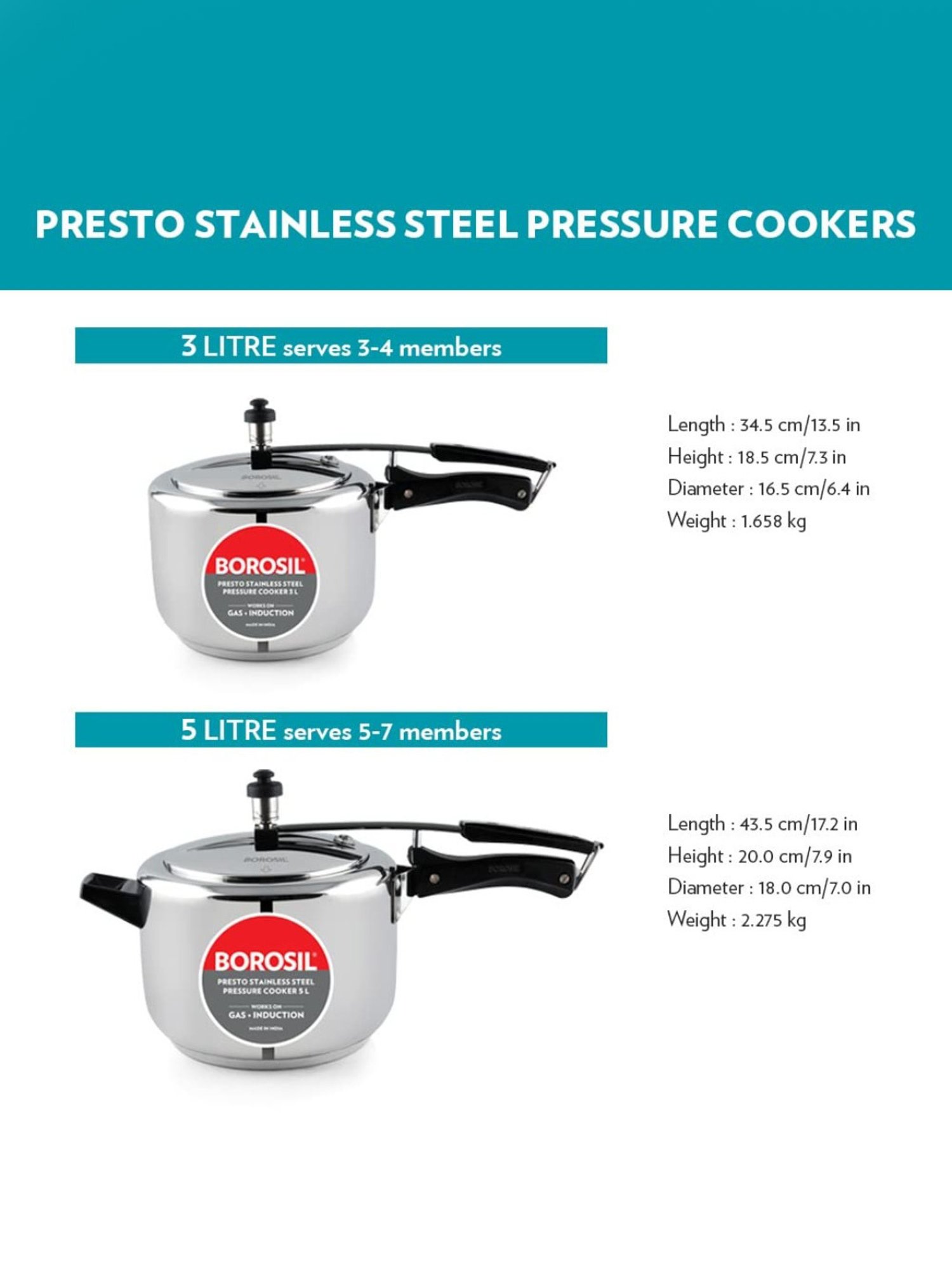 Borosil Presto Pressure Cooker with Induction Base Stainless Steel Inner Lid (Silver,3L)