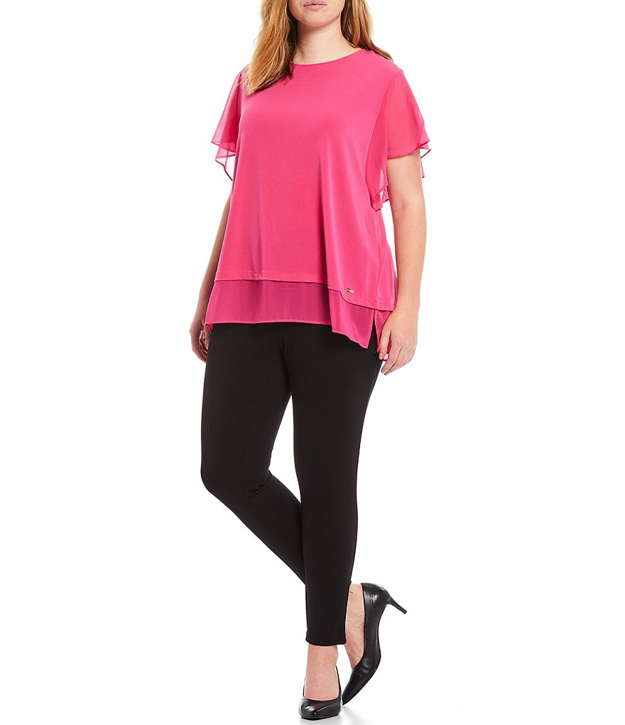 Calvin Klein Plus Size Solid Matte Jersey Jewel Neck Chiffon Ruffle Short Sleeve Double Layer Hem Top