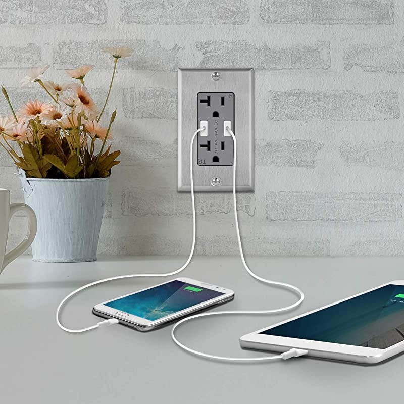 48A High Speed USB Outlet Wall Charger with Stainless Steel Decorator Wall Plate 24W 20A TamperResistant Receptacle UL Listed TU22048AGYWP7731 Gray