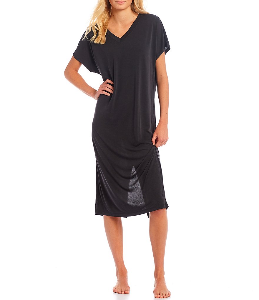 Nottibianche Easy Essential Solid Jersey Knit V-Neck Short Sleeve Caftan