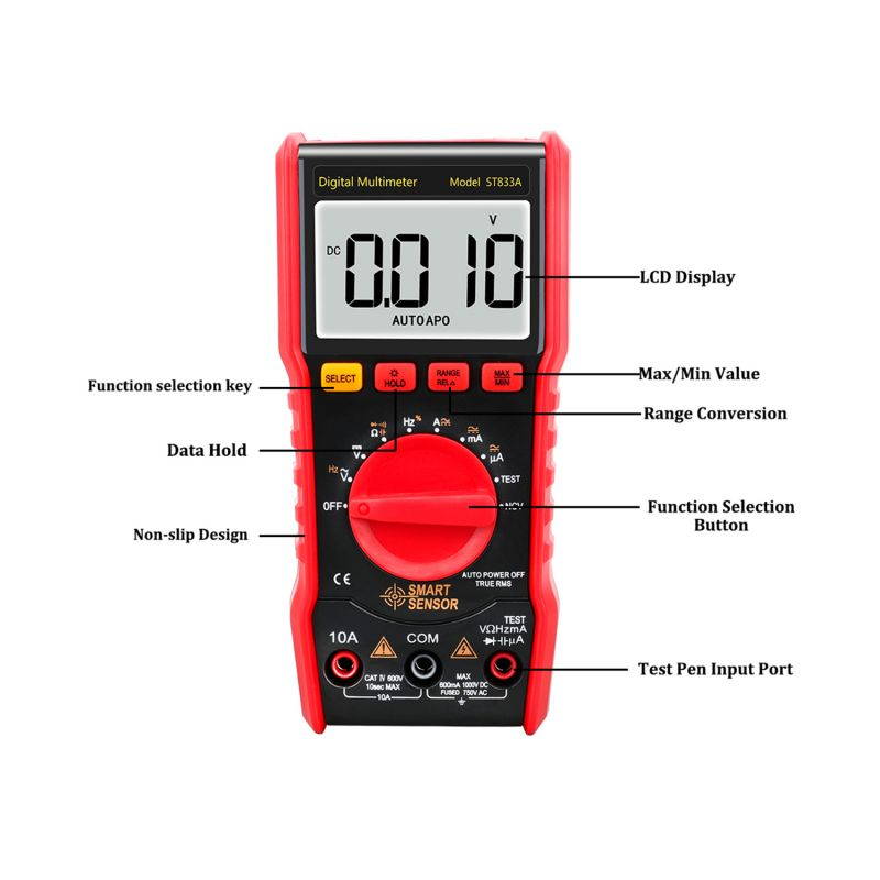 SMART SENSOR Dial Measuring Multimeter LCD Display NCV Mode Live Wire Neutral Wire Test High Precision Multifunctional Small Multimeter Portable Electrical Household Universal Meter ST833A