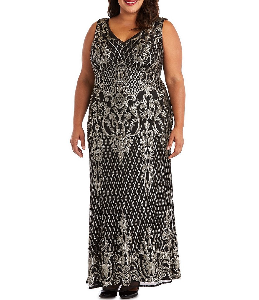 R & M Richards Plus Size Embroidered Sequin V-Neck Sleeveless Gown
