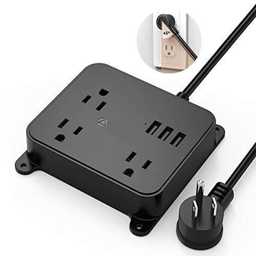 Power Strip with USB  Wall Mountable Outlet Extender with 3 USB Ports 3 Widely Spaced Outlets Flat Plug 45ft Extension Cord for Cruise Ship Hotel Nightstand Office Black