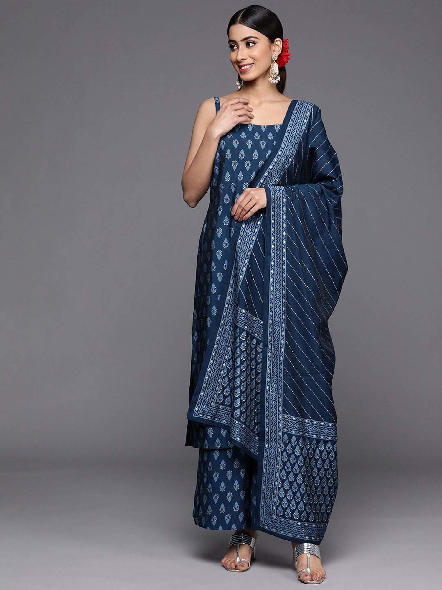 Libas Blue Printed Kurta Palazzo Set With Dupatta
